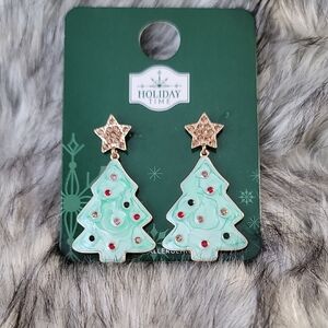 Holiday Time Festive Green Tree Earrings with Gold Stars